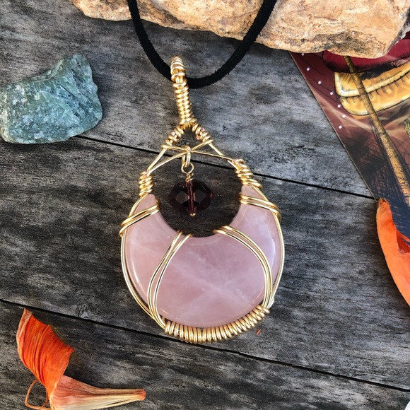 Wire Wrapped Rose Quartz Crescent Moon Crystal Necklace - Picture 1 of 11